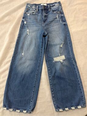 High-Rise Distressed Wide-Leg Jeans - Blue